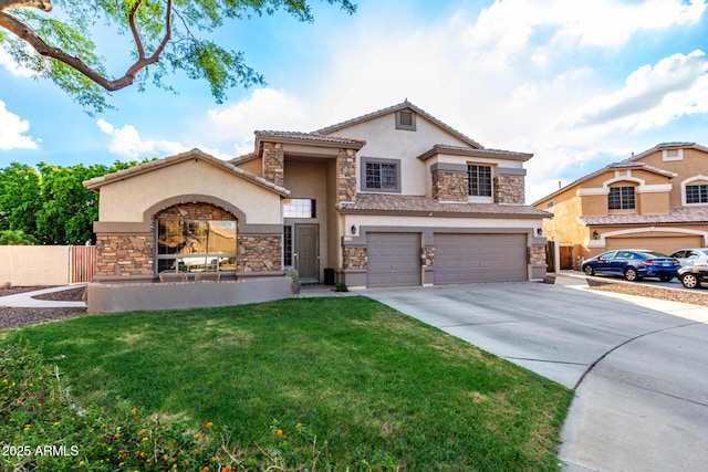 7029 E Monte Cir, Mesa, AZ 85209 - mediterranean / spanish-style home featuring stucco siding, stone siding, a garage, concrete driveway, and a tile roof