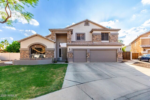7029 E Monte Cir, Mesa, AZ 85209 - mediterranean / spanish house with stone siding, stucco siding, driveway, an attached garage, and a tiled roof