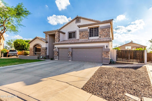 7029 E Monte Cir, Mesa, AZ 85209 - mediterranean / spanish-style home with stone siding, stucco siding, and an attached garage