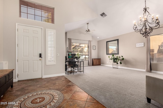 7029 E Monte Cir, Mesa, AZ 85209 - entrance foyer featuring high vaulted ceiling, a chandelier, carpet flooring, a ceiling fan, and baseboards