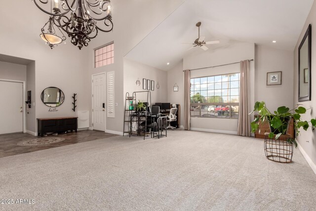 7029 E Monte Cir, Mesa, AZ 85209 - carpeted foyer entrance with high vaulted ceiling, baseboards, a chandelier, and ceiling fan