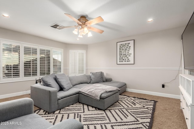 7029 E Monte Cir, Mesa, AZ 85209 - carpeted living area featuring ceiling fan, baseboards, and recessed lighting