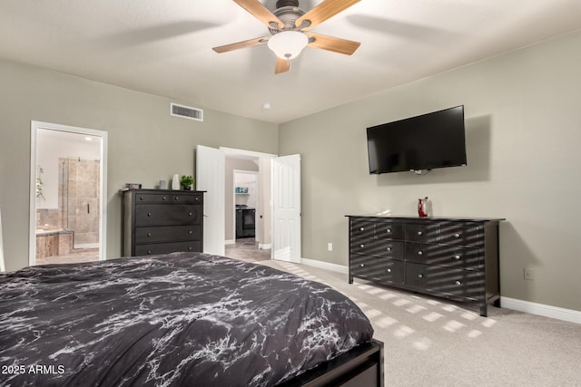 7029 E Monte Cir, Mesa, AZ 85209 - bedroom featuring carpet flooring, baseboards, ensuite bathroom, and a ceiling fan