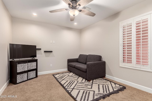 7029 E Monte Cir, Mesa, AZ 85209 - sitting room featuring carpet floors, a ceiling fan, baseboards, and recessed lighting