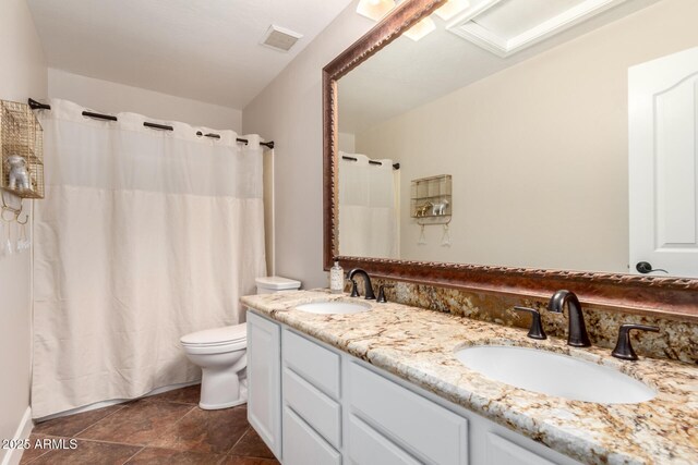 7029 E Monte Cir, Mesa, AZ 85209 - bathroom with double vanity, toilet, a shower with shower curtain, and stone finish floors