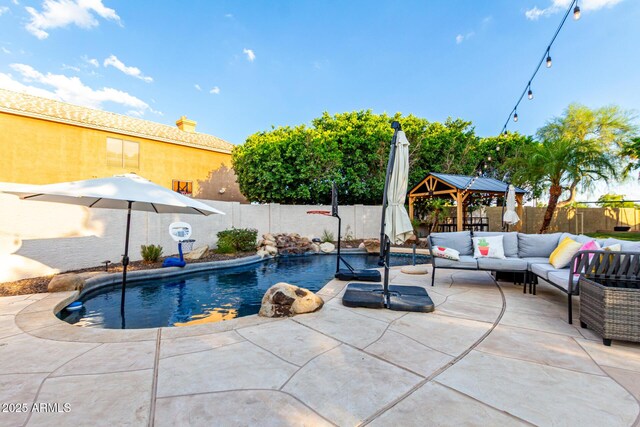 7029 E Monte Cir, Mesa, AZ 85209 - view of pool with an outdoor hangout area, a fenced backyard, a gazebo, and a patio