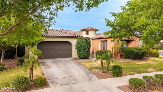 20532 W Summit Pl, Buckeye, AZ 85396 - mediterranean / spanish home featuring a tiled roof, a garage, concrete driveway, stucco siding, and a front yard
