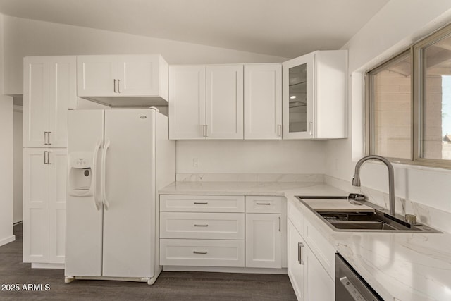 2826 E Cactus Rd, Phoenix, AZ 85032 - kitchen featuring white refrigerator with ice dispenser, white cabinetry, vaulted ceiling, light stone counters, and dark wood-style floors