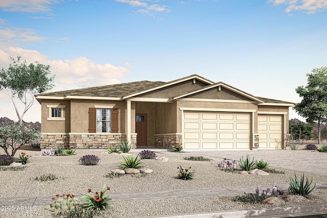 view of front of property featuring decorative driveway, stone siding, an attached garage, and stucco siding