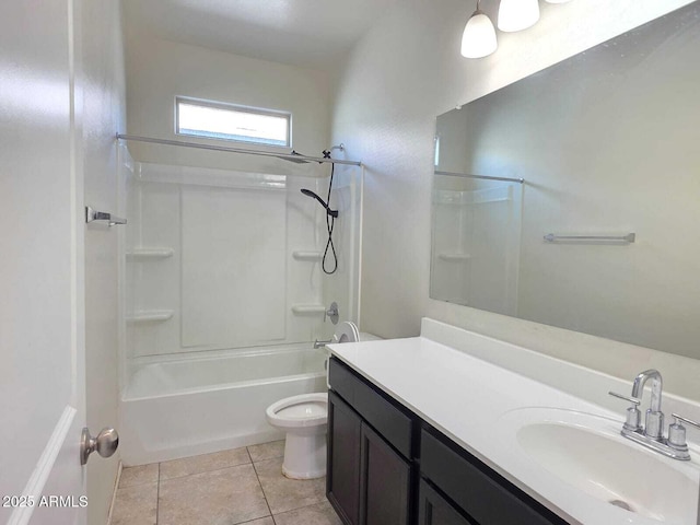 full bath with toilet, shower / tub combination, vanity, and tile patterned floors