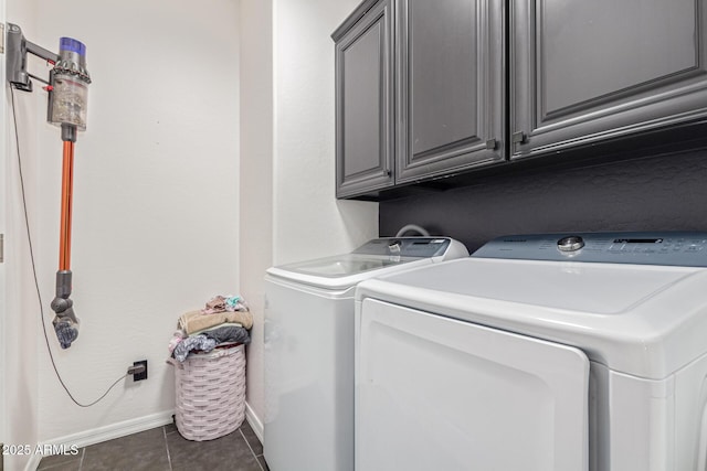 20689 W Valley View Dr, Buckeye, AZ 85396 - laundry room with independent washer and dryer, baseboards, cabinet space, and dark tile patterned flooring