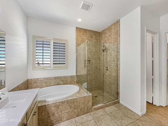 10559 E Simone Ave, Mesa, AZ 85212 - full bathroom with a bath, a shower stall, tile patterned flooring, and vanity