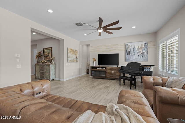 5250 S Wesley Cir, Mesa, AZ 85212 - living room with a ceiling fan, recessed lighting, light wood finished floors, and baseboards
