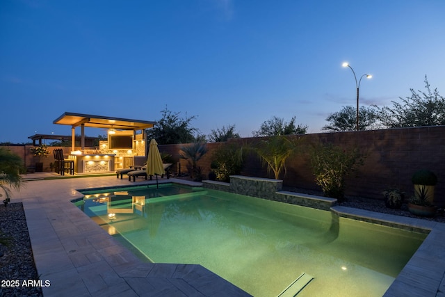 5250 S Wesley Cir, Mesa, AZ 85212 - pool at dusk featuring a fenced backyard and a patio area