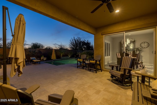 5250 S Wesley Cir, Mesa, AZ 85212 - fenced backyard featuring a ceiling fan and a patio area