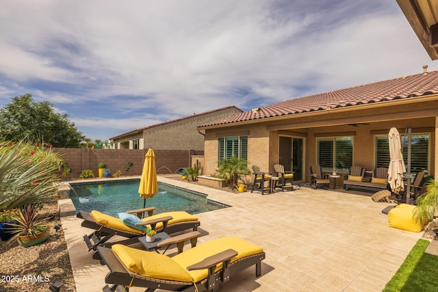 5250 S Wesley Cir, Mesa, AZ 85212 - view of swimming pool featuring a fenced backyard, a patio, and an outdoor living space