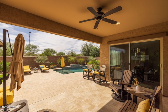 5250 S Wesley Cir, Mesa, AZ 85212 - fenced backyard featuring a ceiling fan and a patio