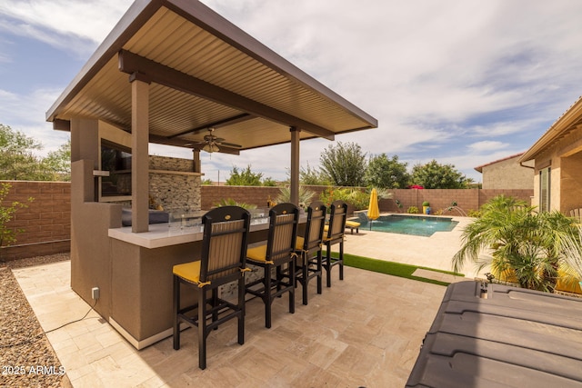 5250 S Wesley Cir, Mesa, AZ 85212 - fenced backyard with a bar, a ceiling fan, a patio, and a gazebo