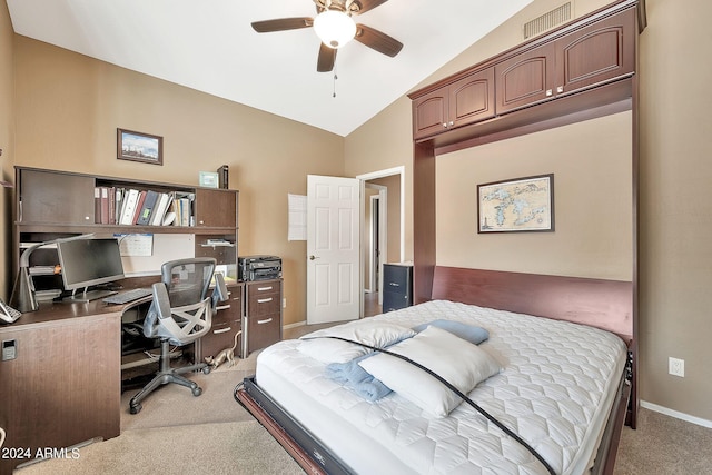 carpeted bedroom featuring ceiling fan and lofted ceiling