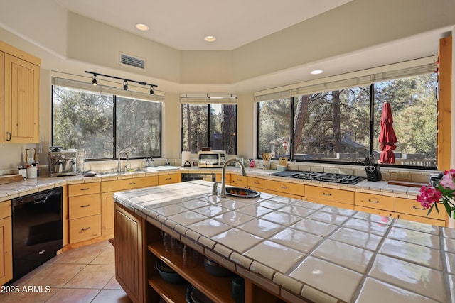 kitchen with tile counters, sink, and black dishwasher