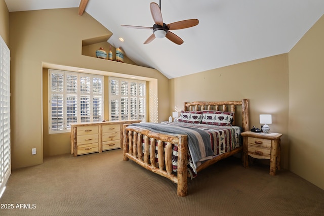 carpeted bedroom featuring beamed ceiling, ceiling fan, and high vaulted ceiling