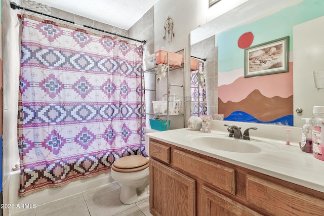 full bathroom with tile patterned floors, toilet, shower / bath combo, and vanity