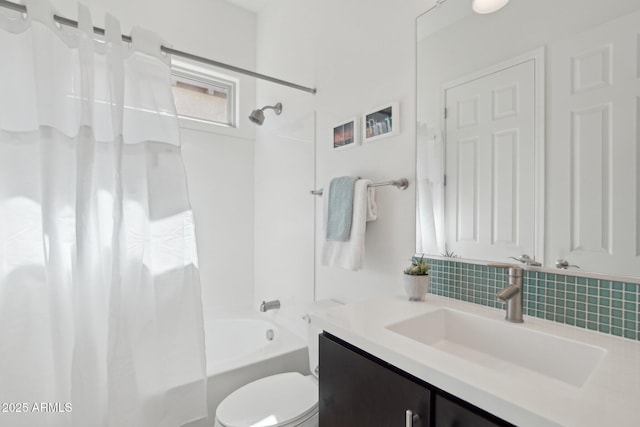 bathroom featuring tasteful backsplash, vanity, toilet, and shower / bathtub combination with curtain