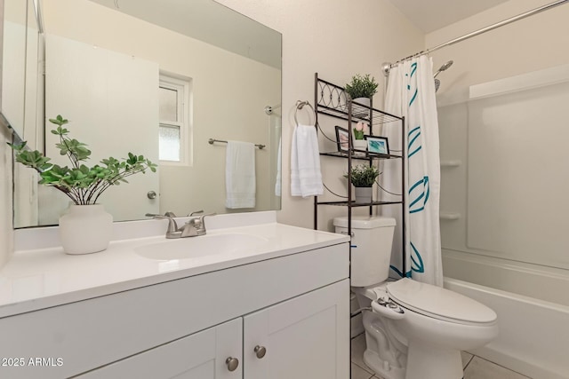 full bath featuring shower / bathtub combination with curtain, vanity, toilet, and tile patterned floors