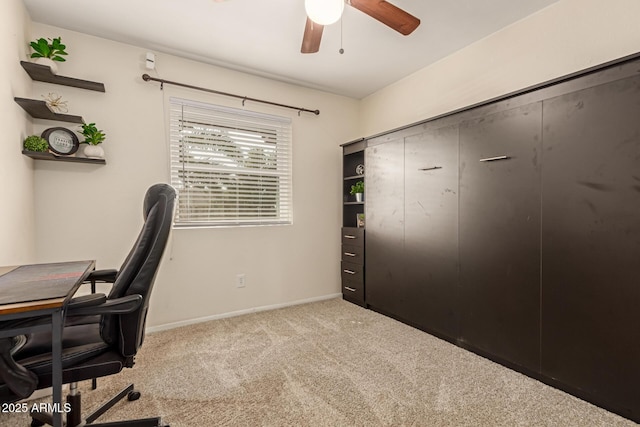 home office with carpet, baseboards, and ceiling fan