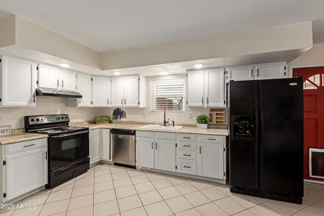 kitchen with black appliances, a sink, white cabinetry, and under cabinet range hood