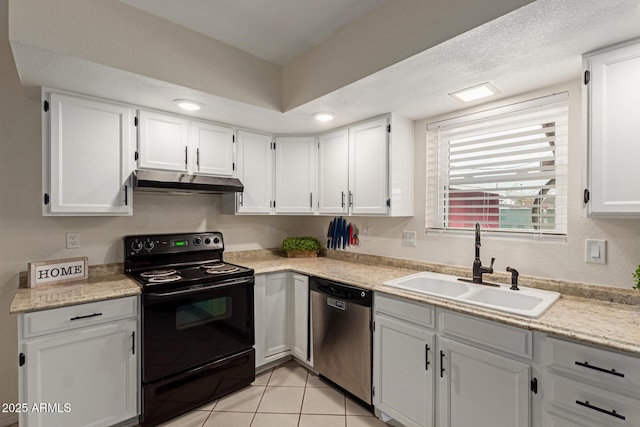 kitchen featuring under cabinet range hood, black range with electric stovetop, a sink, white cabinetry, and dishwasher