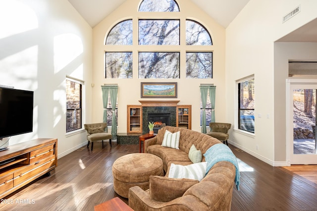 living room with dark wood-type flooring, high vaulted ceiling, and a premium fireplace