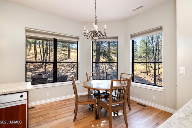 dining room featuring a healthy amount of sunlight, a chandelier, and light wood-type flooring