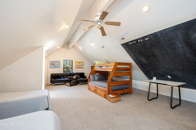 carpeted bedroom with lofted ceiling with beams and ceiling fan