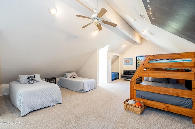 bedroom featuring lofted ceiling with beams, carpet, and ceiling fan