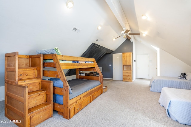 carpeted bedroom with vaulted ceiling with beams and ceiling fan