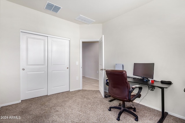 home office featuring light colored carpet