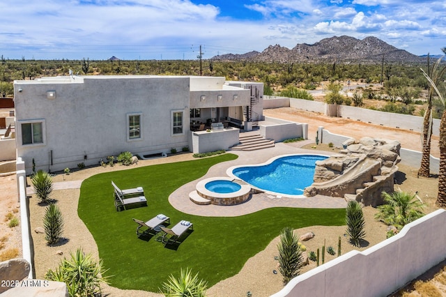 30505 N 136th St, Scottsdale, AZ 85262 - view of pool with a pool with connected hot tub, a patio area, a fenced backyard, a mountain view, and a yard
