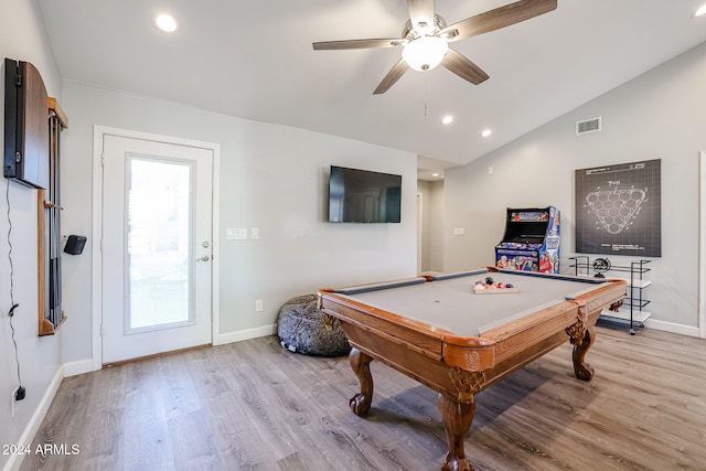 recreation room with ceiling fan, light hardwood / wood-style flooring, lofted ceiling, and pool table