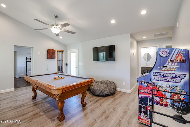 recreation room with ceiling fan, sink, light hardwood / wood-style floors, lofted ceiling, and pool table