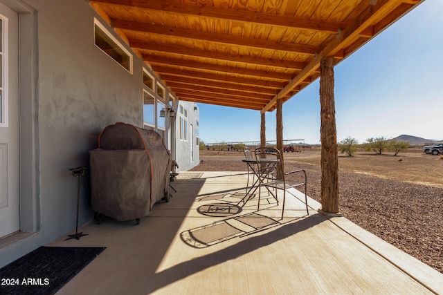 view of patio / terrace featuring area for grilling and a mountain view