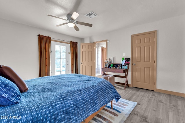 bedroom with ceiling fan and light wood-type flooring