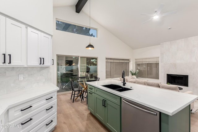 kitchen with green cabinets, dishwasher, a sink, high vaulted ceiling, and white cabinets