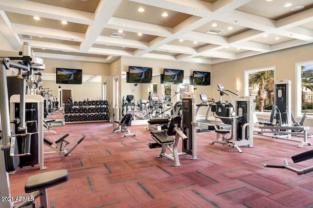 gym with carpet floors, coffered ceiling, recessed lighting, and beamed ceiling
