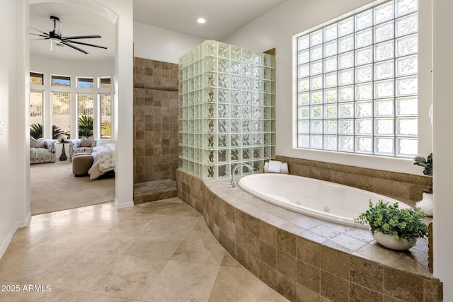 ensuite bathroom with a ceiling fan, recessed lighting, a whirlpool tub, walk in shower, and connected bathroom