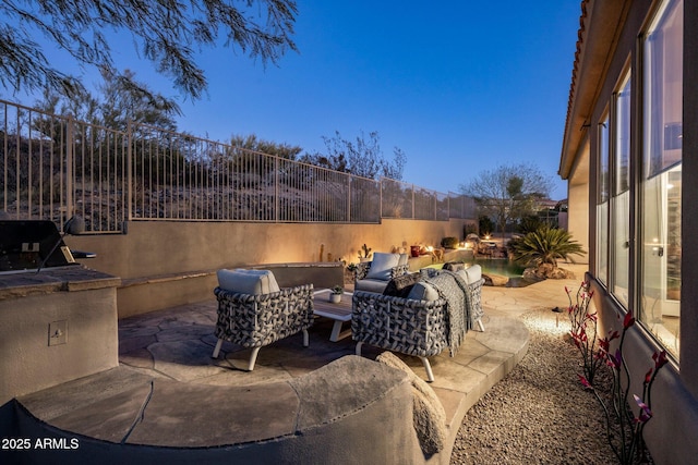 view of patio / terrace with a grill, a fenced backyard, and an outdoor hangout area