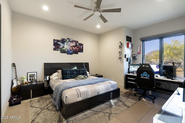 bedroom with recessed lighting, baseboards, and a ceiling fan