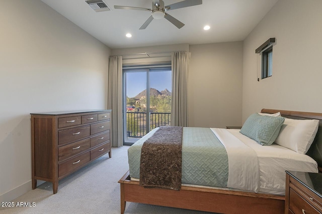 bedroom with light carpet, access to exterior, recessed lighting, and visible vents