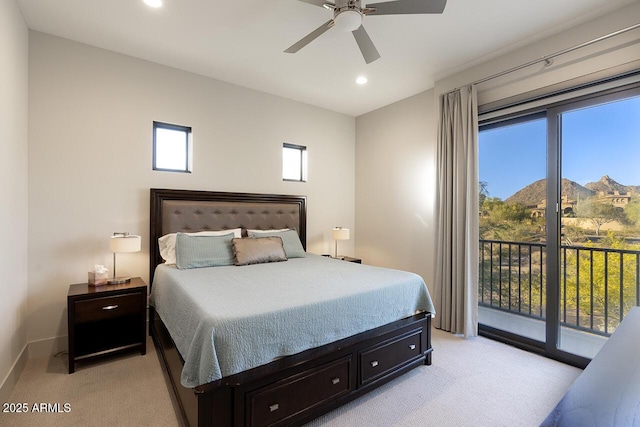 bedroom with access to outside, baseboards, light colored carpet, and recessed lighting