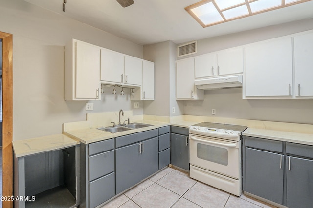 kitchen with white electric range oven, visible vents, gray cabinetry, a sink, and under cabinet range hood